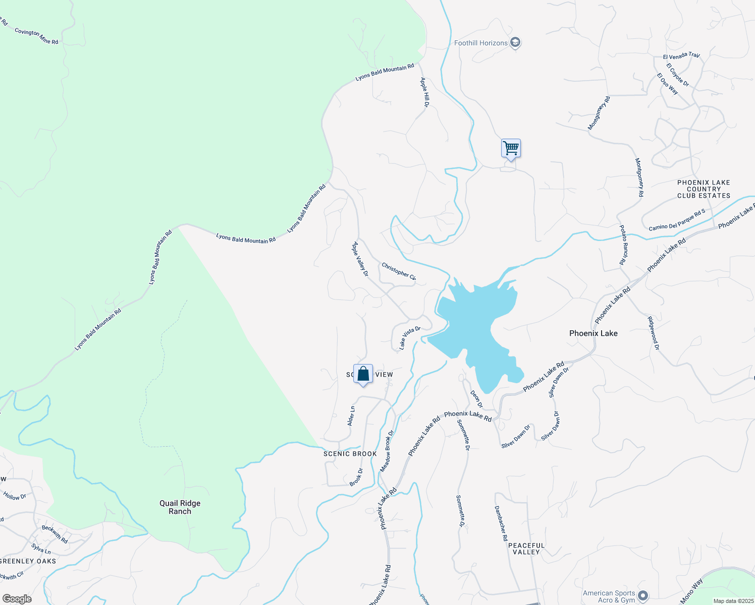 map of restaurants, bars, coffee shops, grocery stores, and more near 20930 O'Brien Court in Sonora
