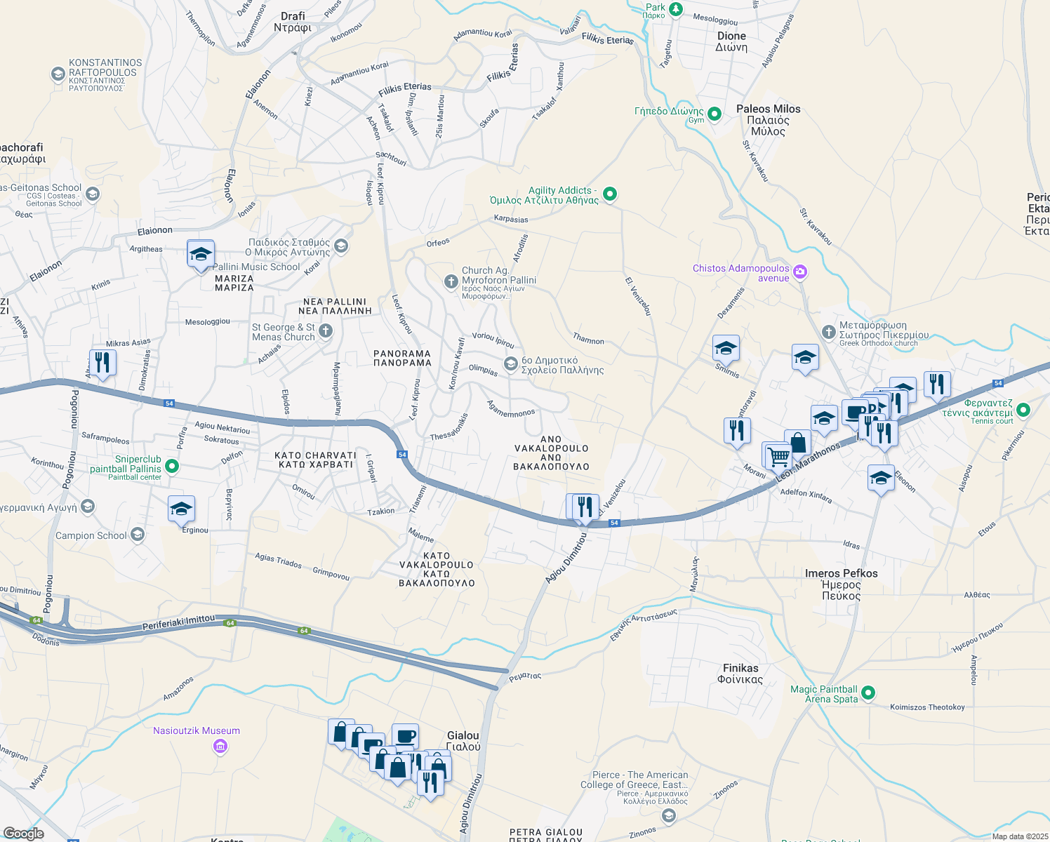 map of restaurants, bars, coffee shops, grocery stores, and more near Xenofontos in Pallini