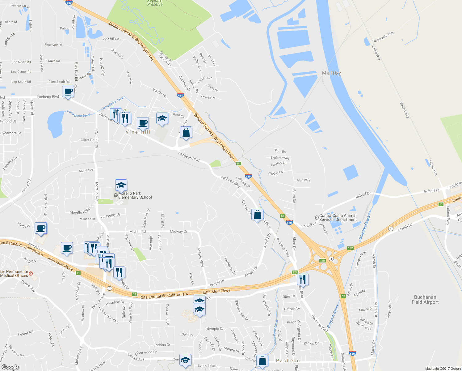 map of restaurants, bars, coffee shops, grocery stores, and more near Little Valley Road in Martinez