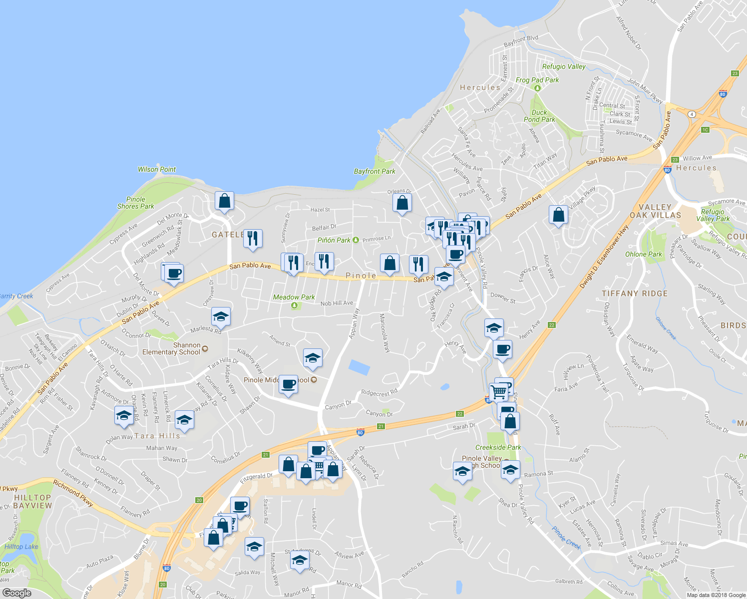 map of restaurants, bars, coffee shops, grocery stores, and more near 924 Smith Avenue in Pinole