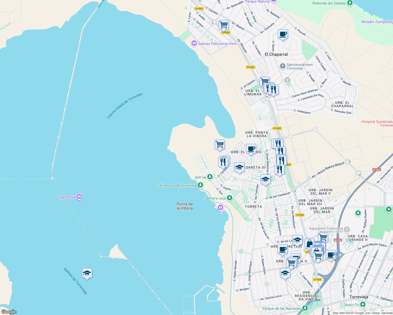 map of restaurants, bars, coffee shops, grocery stores, and more near 289 Calle Sol in Torrevieja