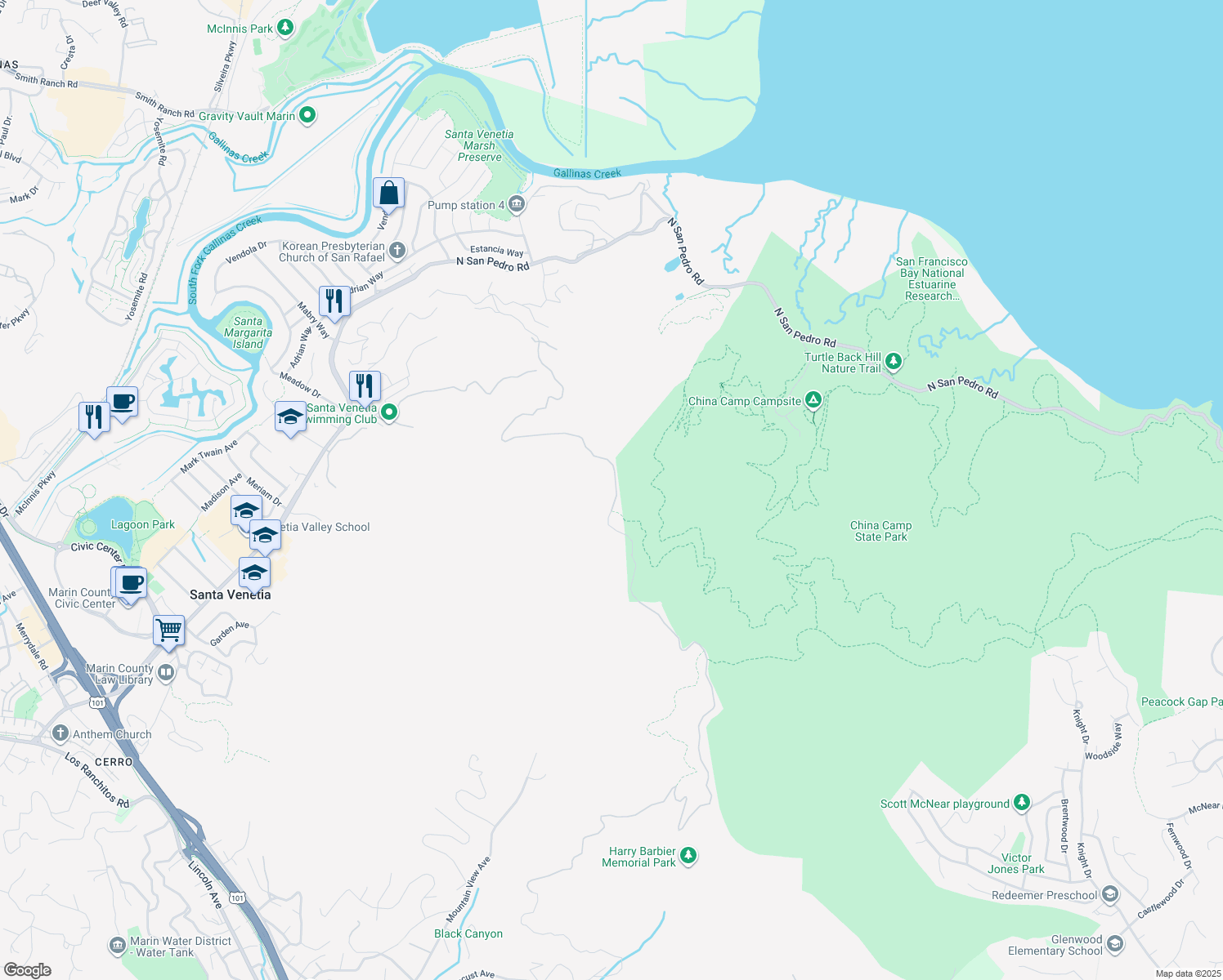 map of restaurants, bars, coffee shops, grocery stores, and more near 1100 Bayhills Drive in San Rafael