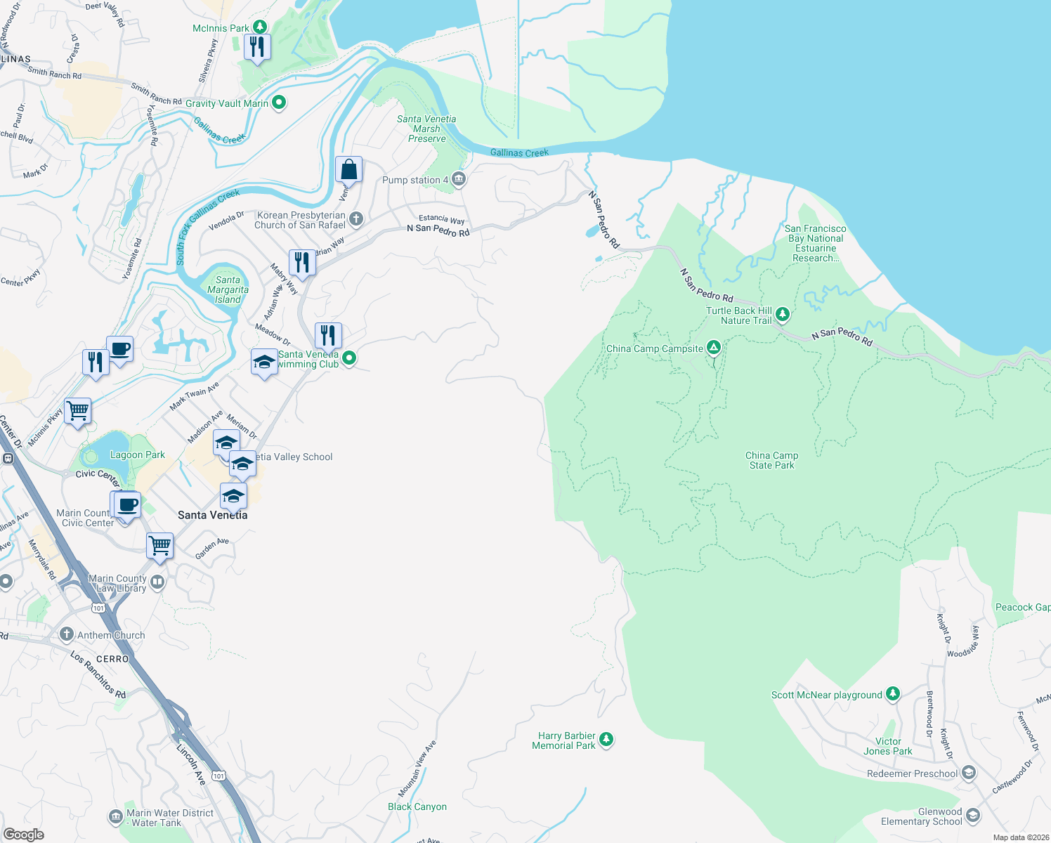 map of restaurants, bars, coffee shops, grocery stores, and more near 1100 Bayhills Drive in San Rafael