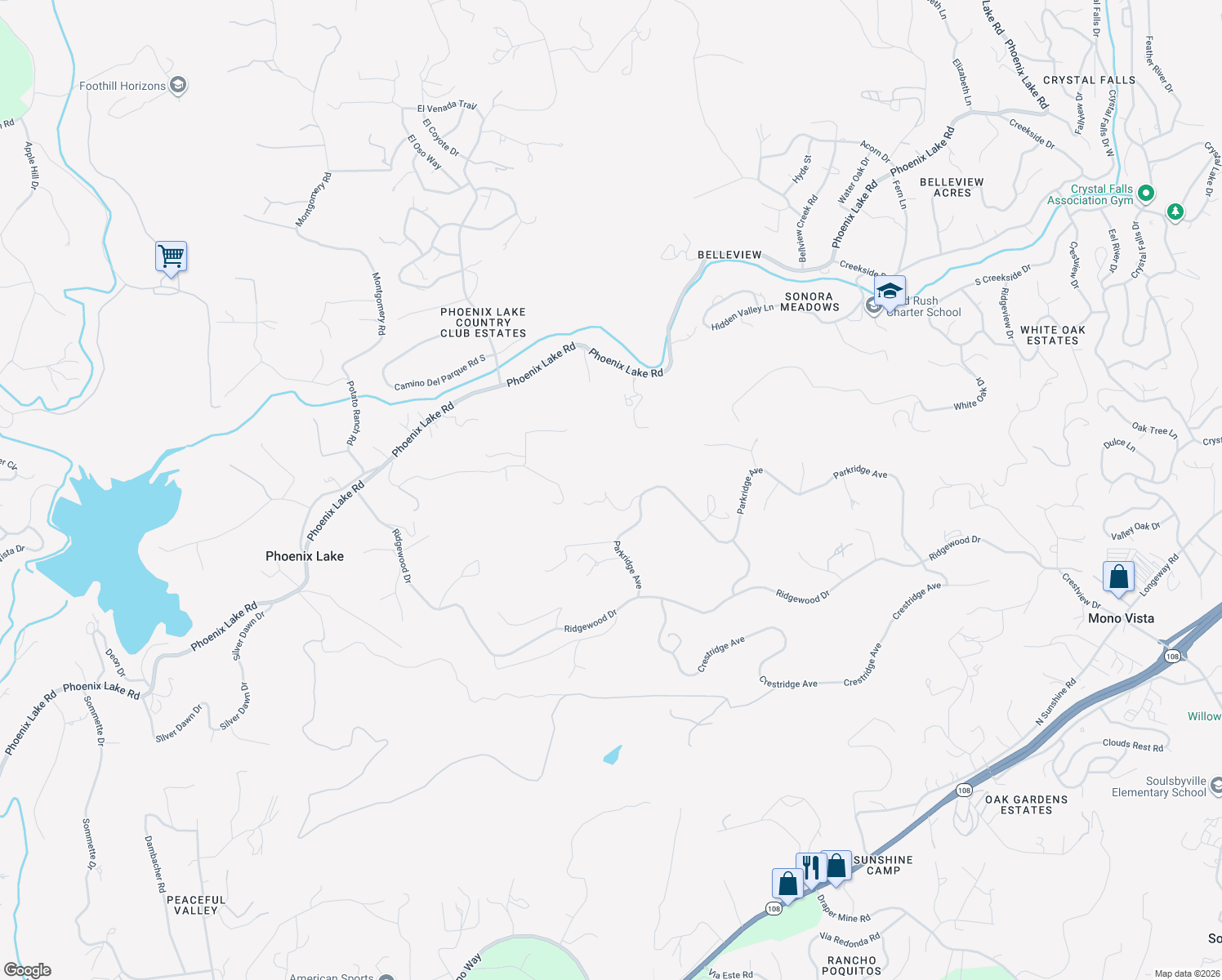 map of restaurants, bars, coffee shops, grocery stores, and more near 15800-15842 Ridgefield Ct in Sonora