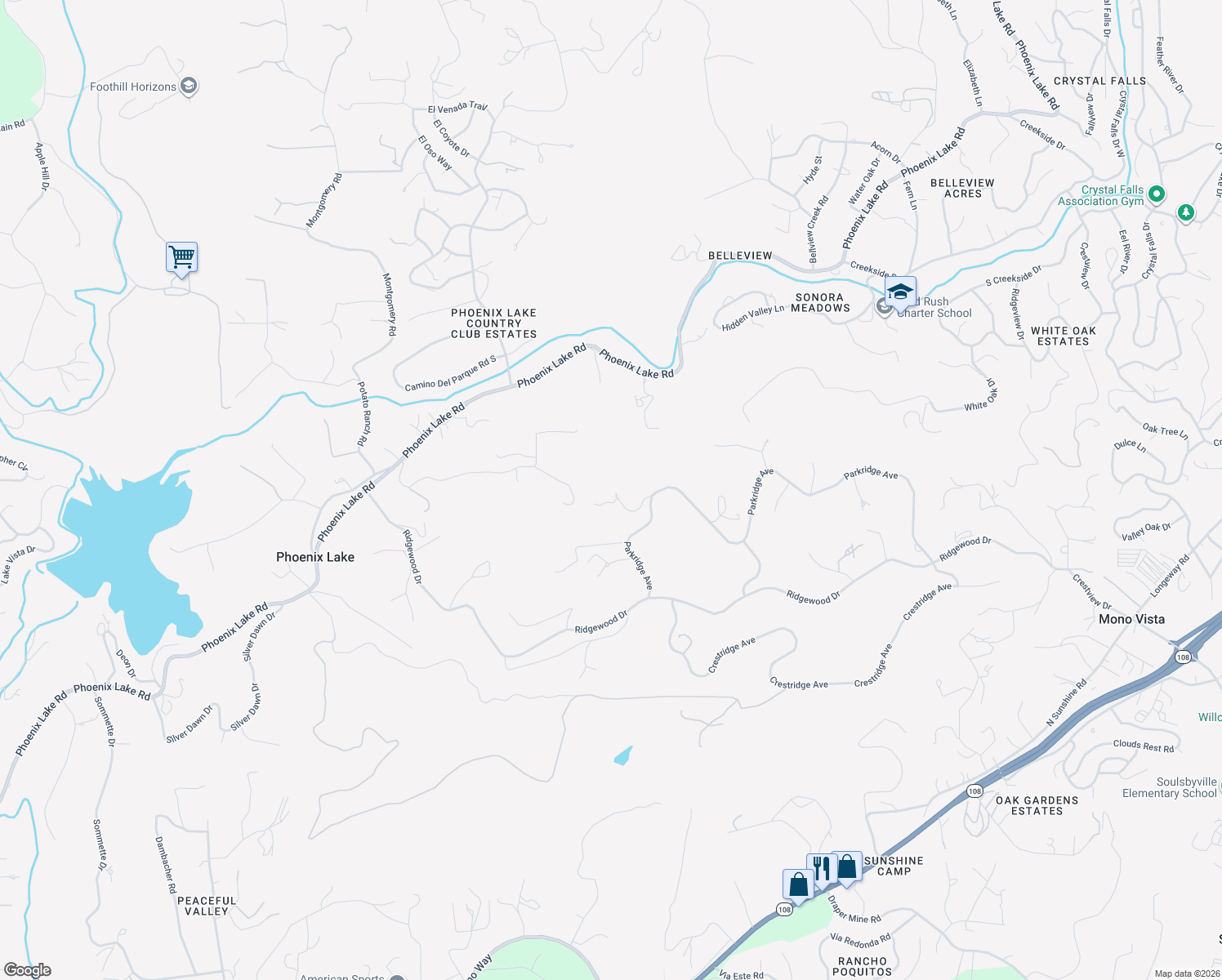 map of restaurants, bars, coffee shops, grocery stores, and more near 15800 Ridgefield Court in Sonora