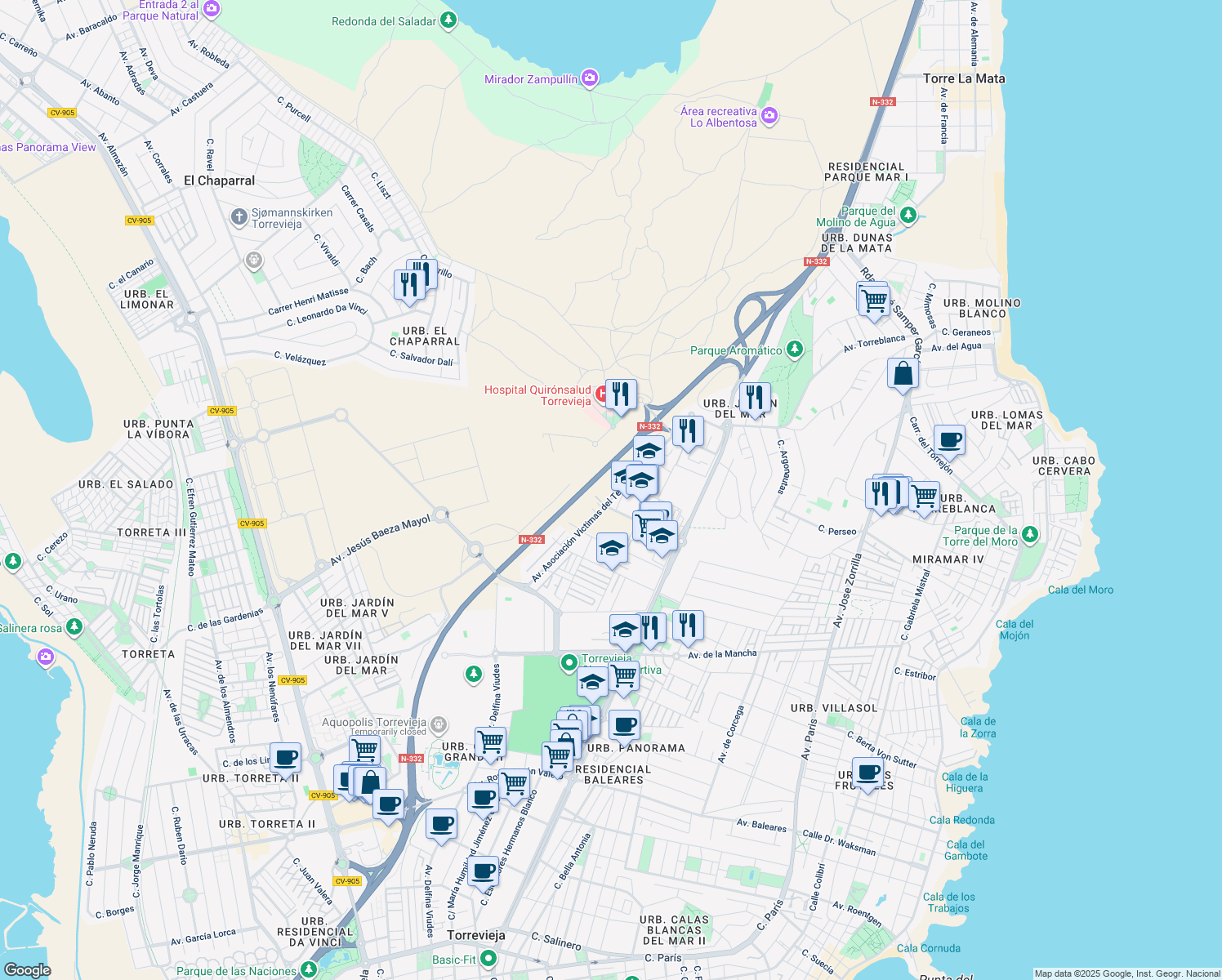 map of restaurants, bars, coffee shops, grocery stores, and more near 7 Calle Cecilio Gallego Alaminos in Torrevieja