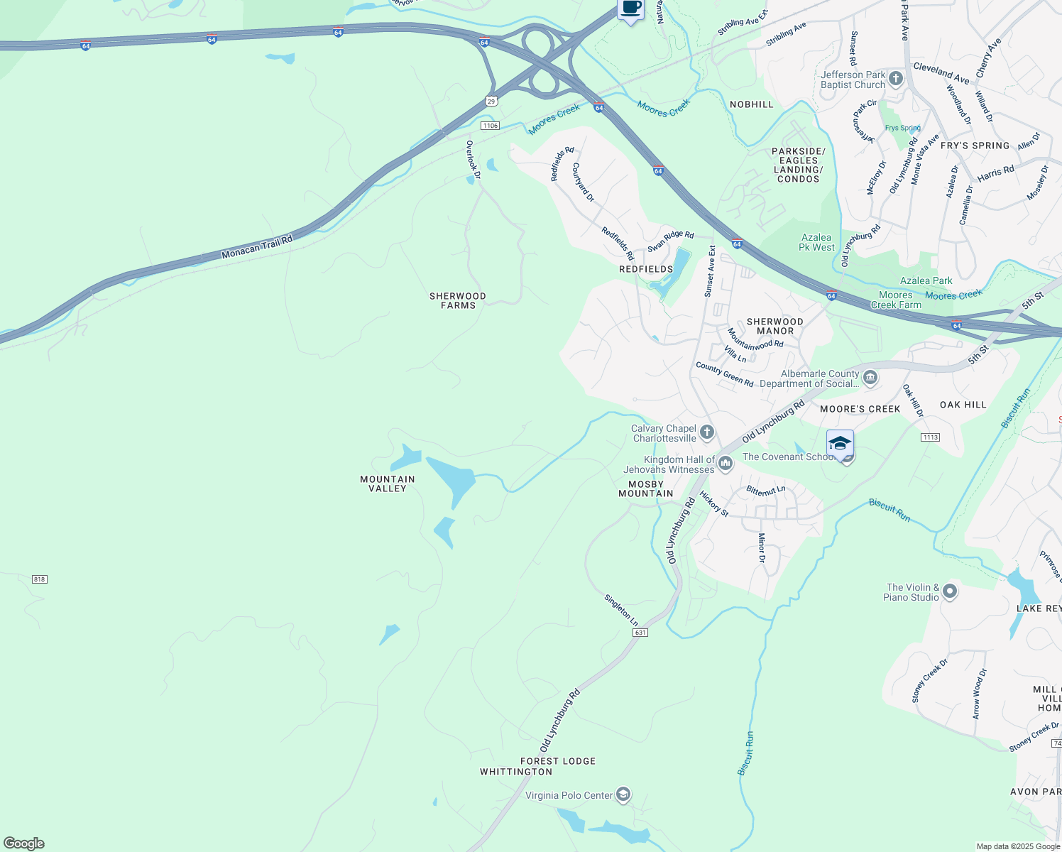 map of restaurants, bars, coffee shops, grocery stores, and more near 1720 Ambrose Commons Drive in Charlottesville