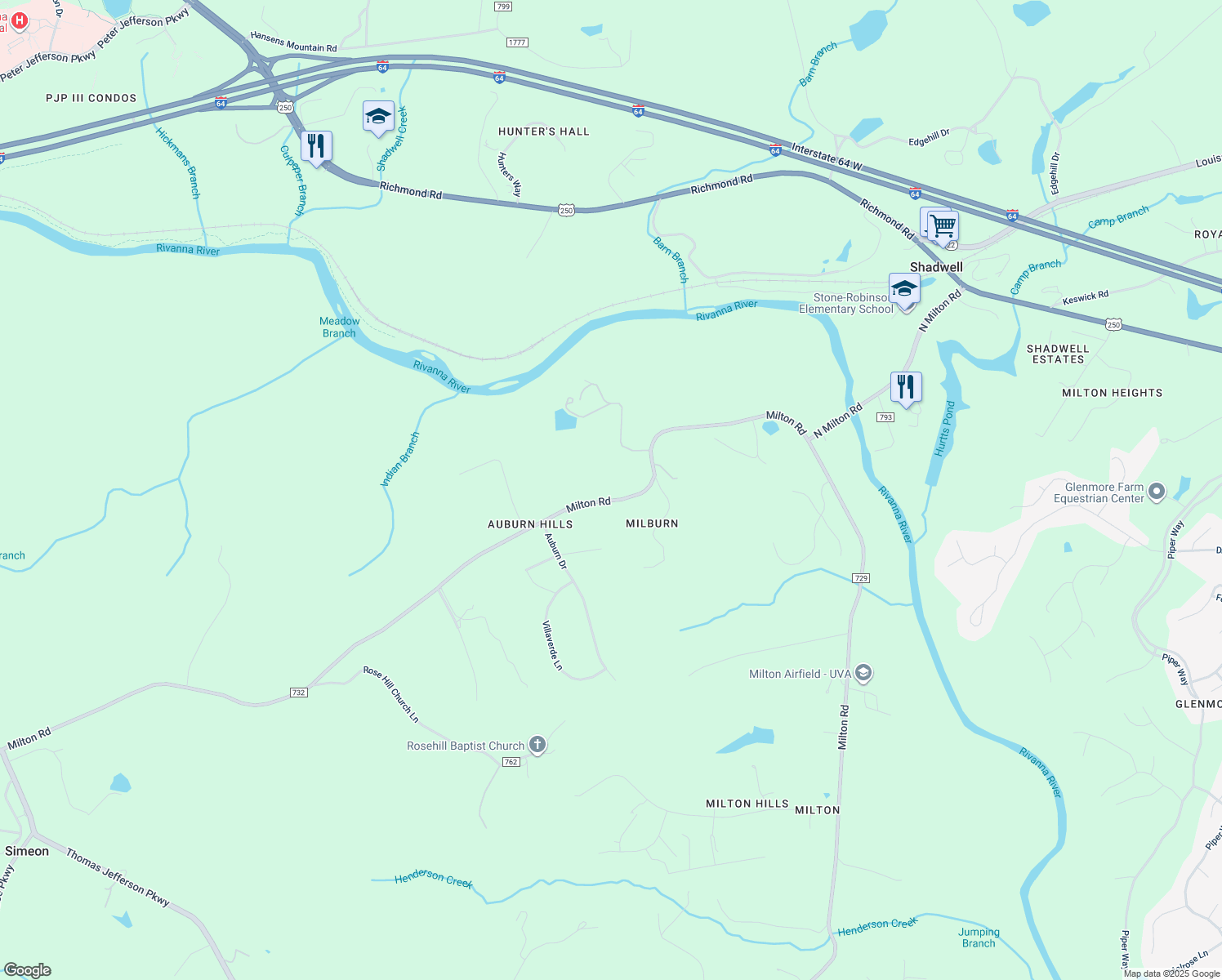 map of restaurants, bars, coffee shops, grocery stores, and more near 1710 Milton Road in Charlottesville