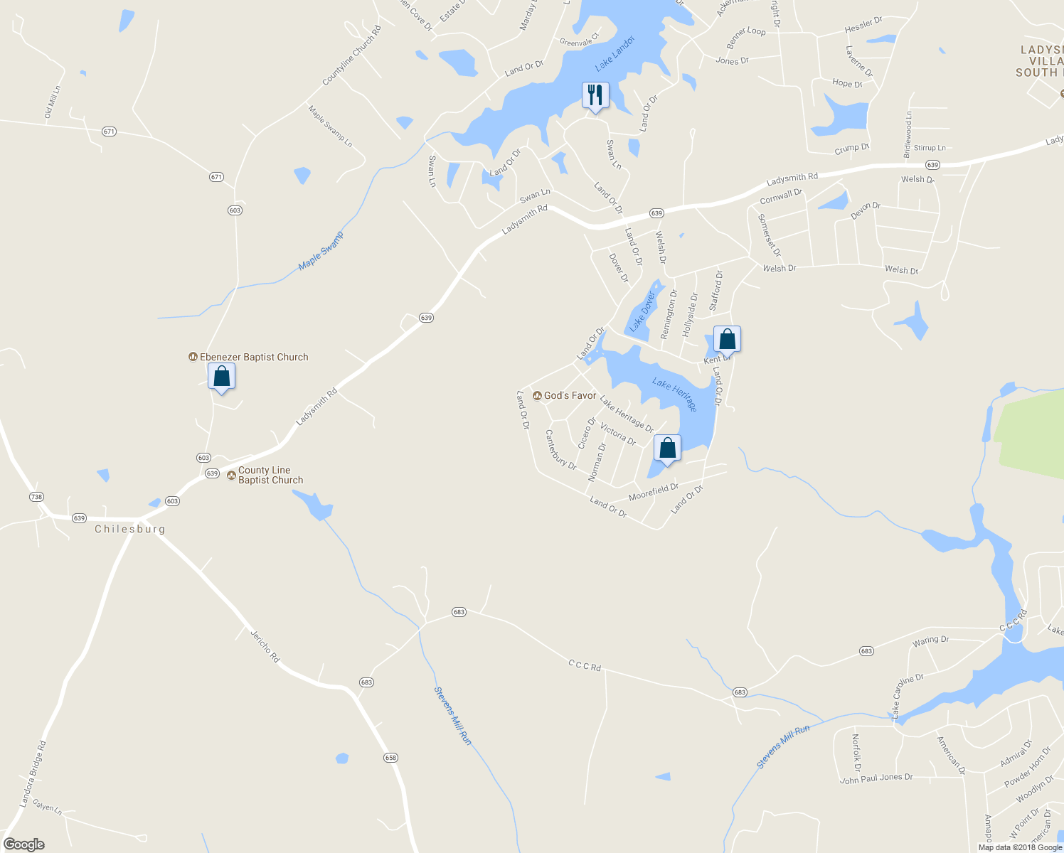 map of restaurants, bars, coffee shops, grocery stores, and more near 208 Land Or Drive in Ruther Glen