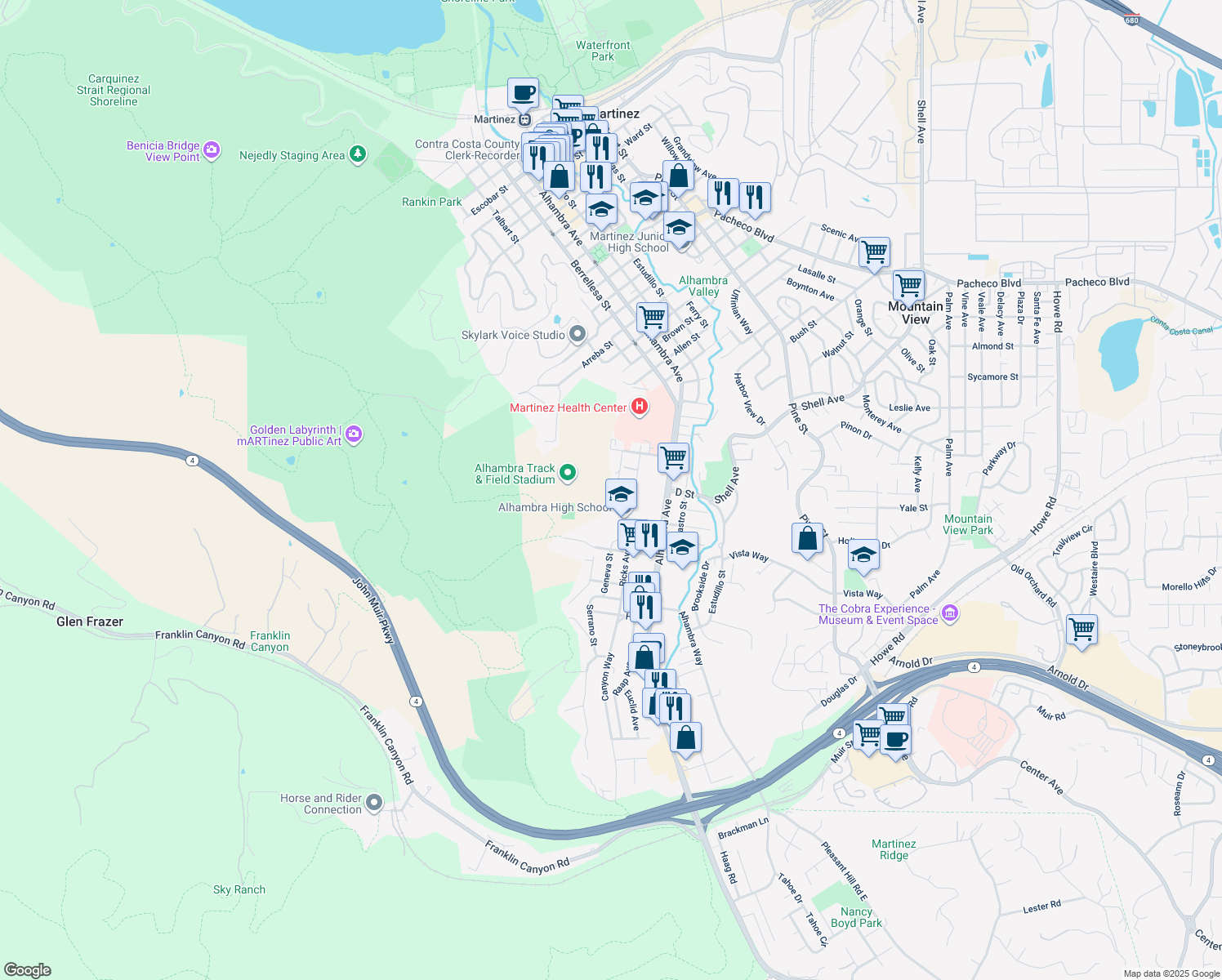 map of restaurants, bars, coffee shops, grocery stores, and more near 2770 Geneva Street in Martinez