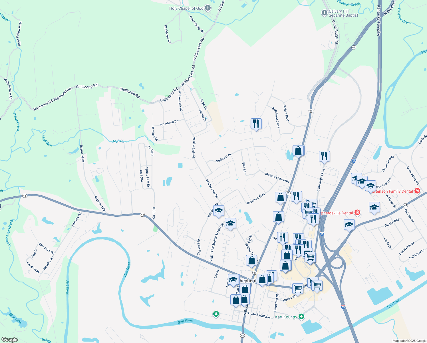 map of restaurants, bars, coffee shops, grocery stores, and more near 180 Mallard Pointe Boulevard in Shepherdsville