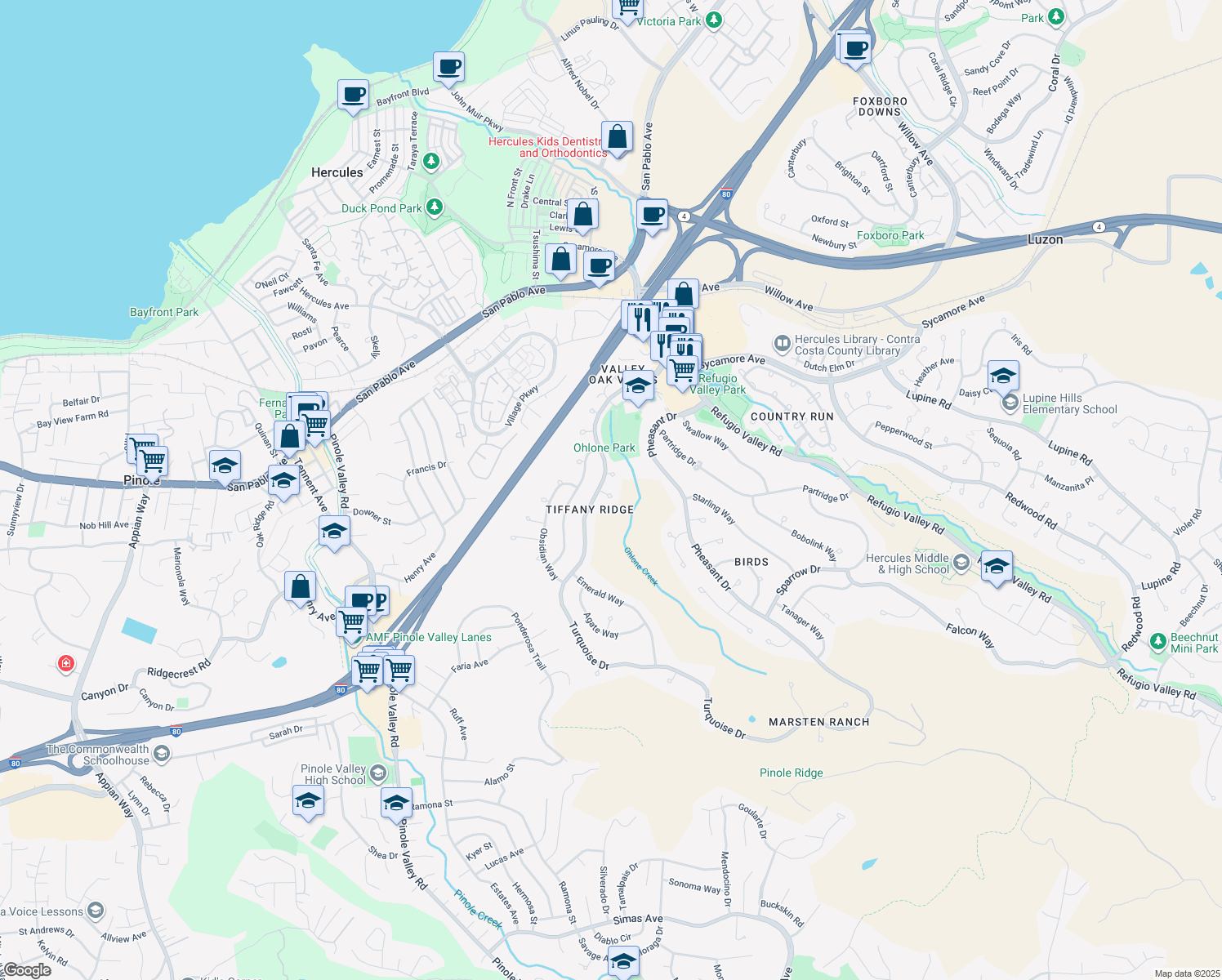 map of restaurants, bars, coffee shops, grocery stores, and more near 109 Ruby Court in Hercules