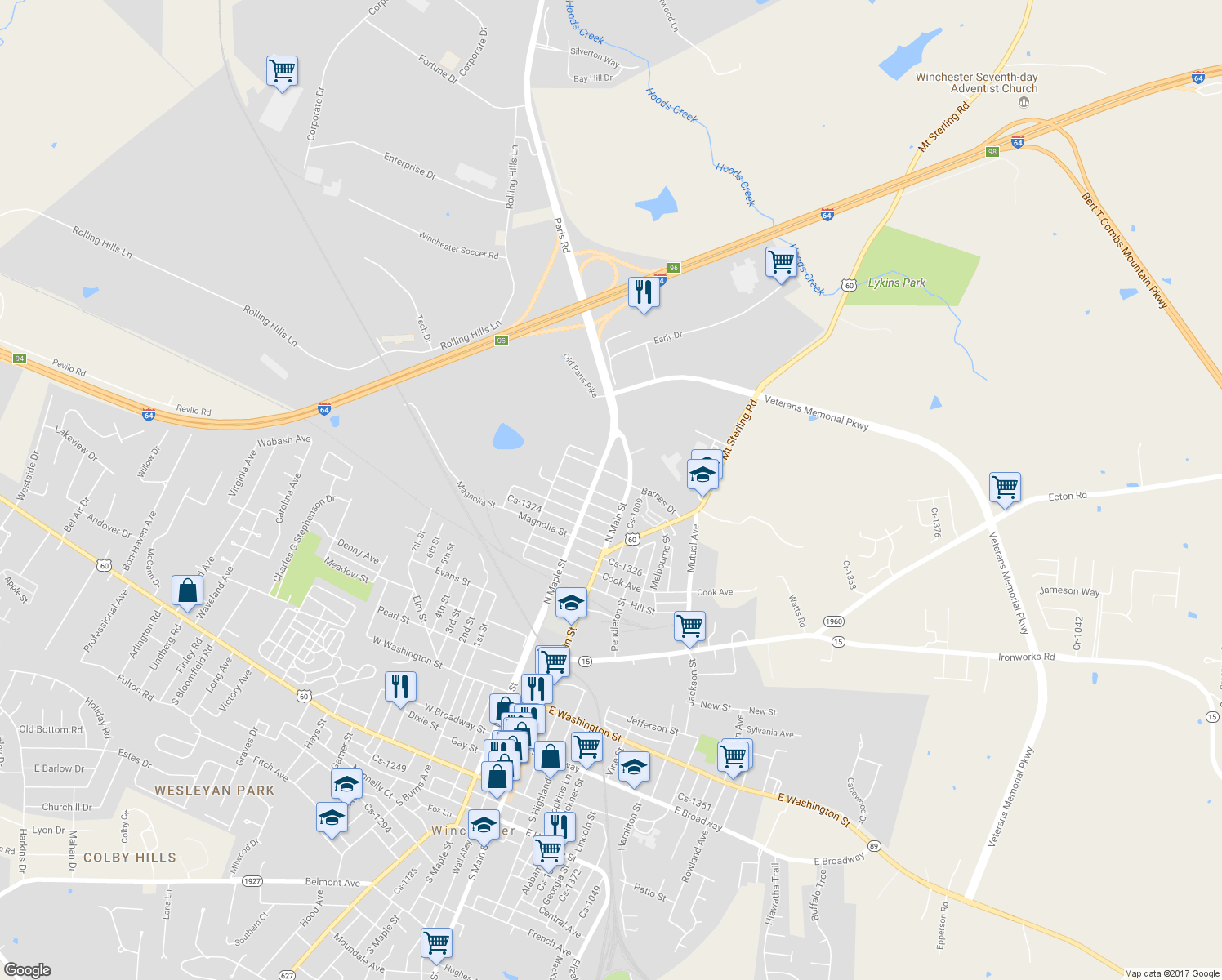 map of restaurants, bars, coffee shops, grocery stores, and more near 11 Sycamore Street in Winchester