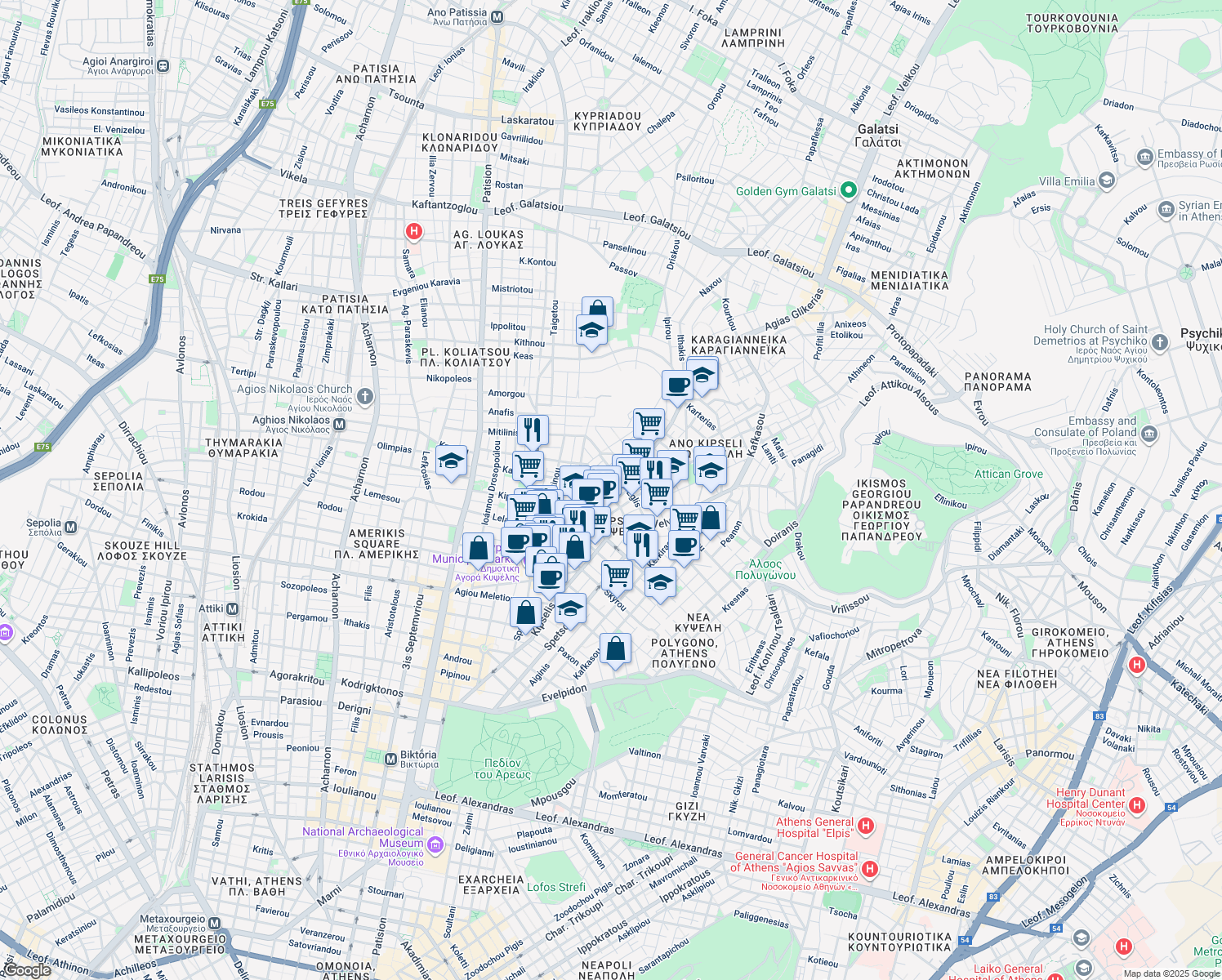 map of restaurants, bars, coffee shops, grocery stores, and more near in Athina