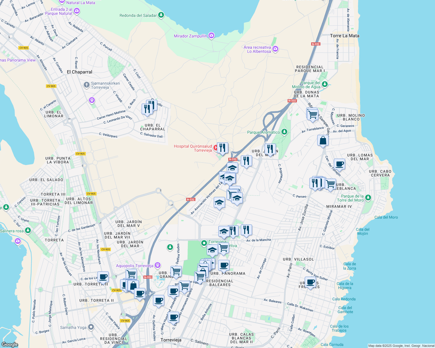 map of restaurants, bars, coffee shops, grocery stores, and more near 7 Calle Cecilio Gallego Alaminos in Torrevieja