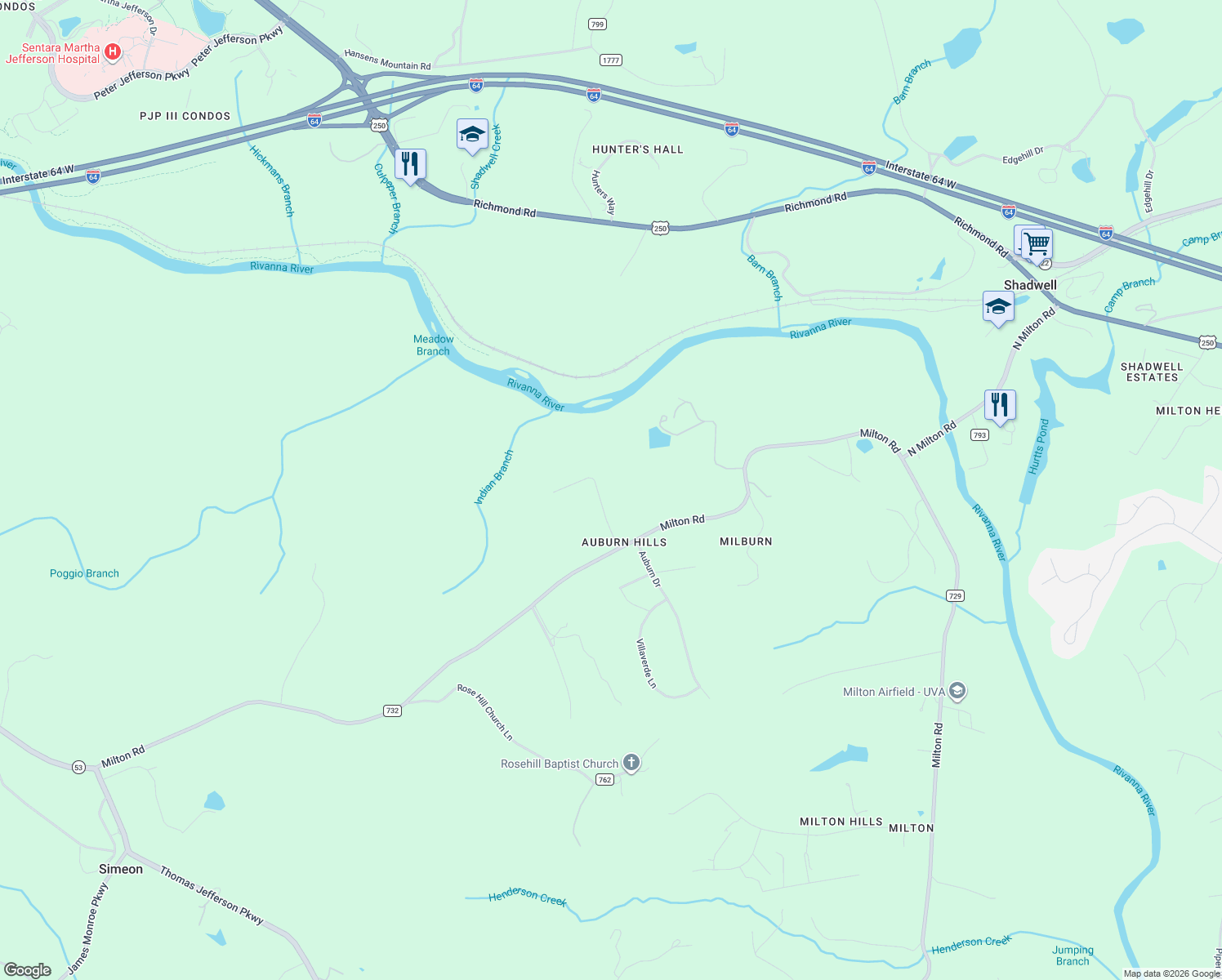 map of restaurants, bars, coffee shops, grocery stores, and more near 1636 Milton Road in Charlottesville