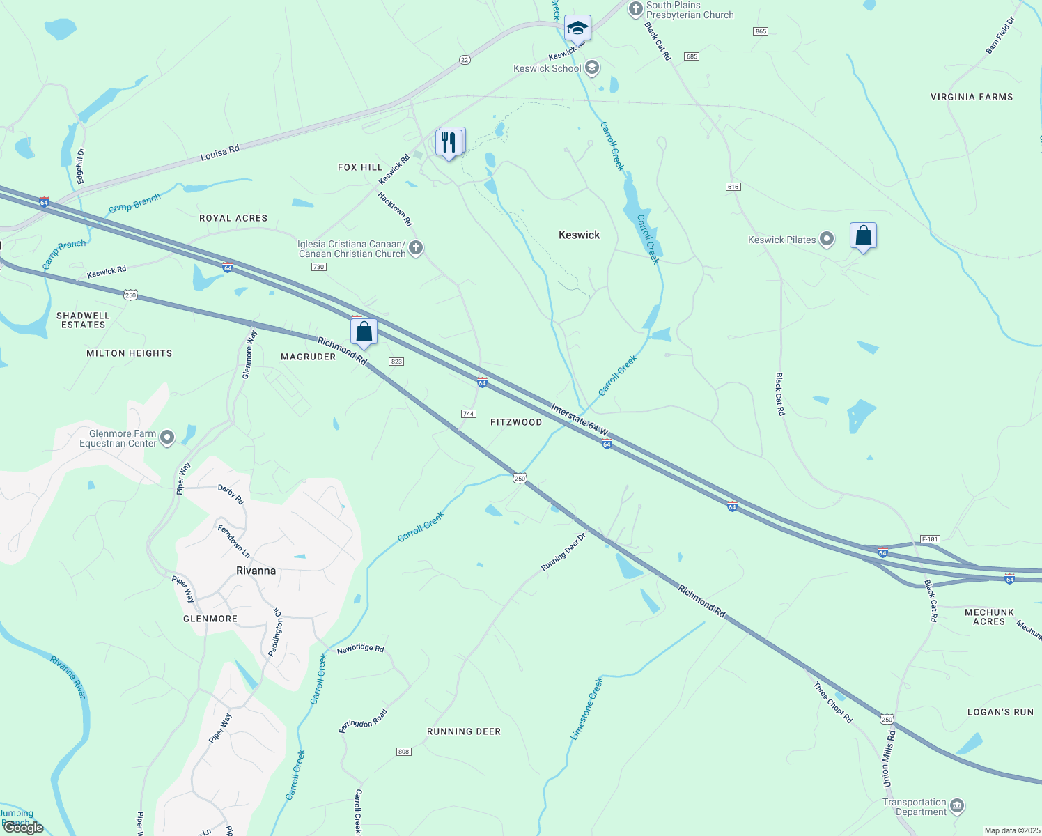 map of restaurants, bars, coffee shops, grocery stores, and more near 3941 Fitzwood Drive in Keswick