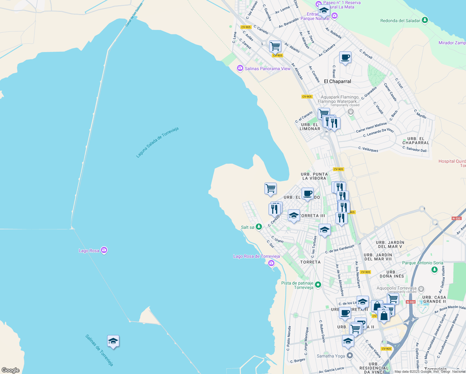 map of restaurants, bars, coffee shops, grocery stores, and more near 289 Calle Sol in Alicante