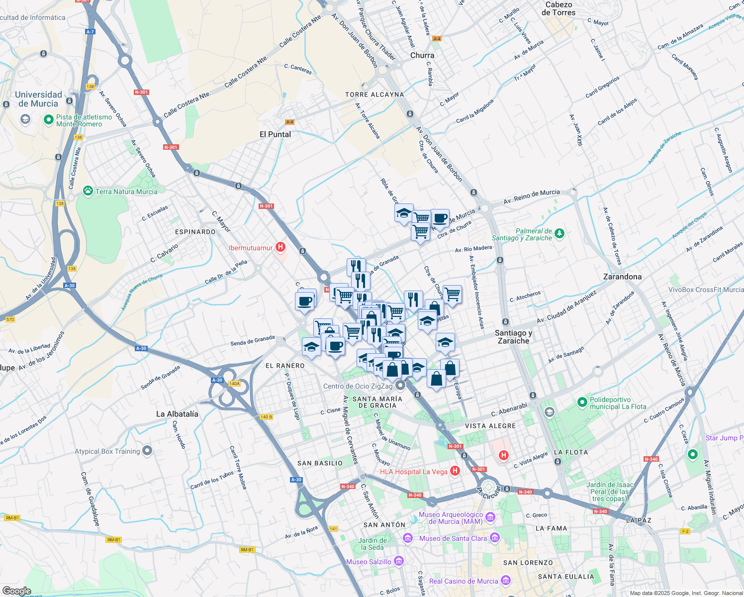 map of restaurants, bars, coffee shops, grocery stores, and more near 14 Avenida Juan Pablo II in Murcia