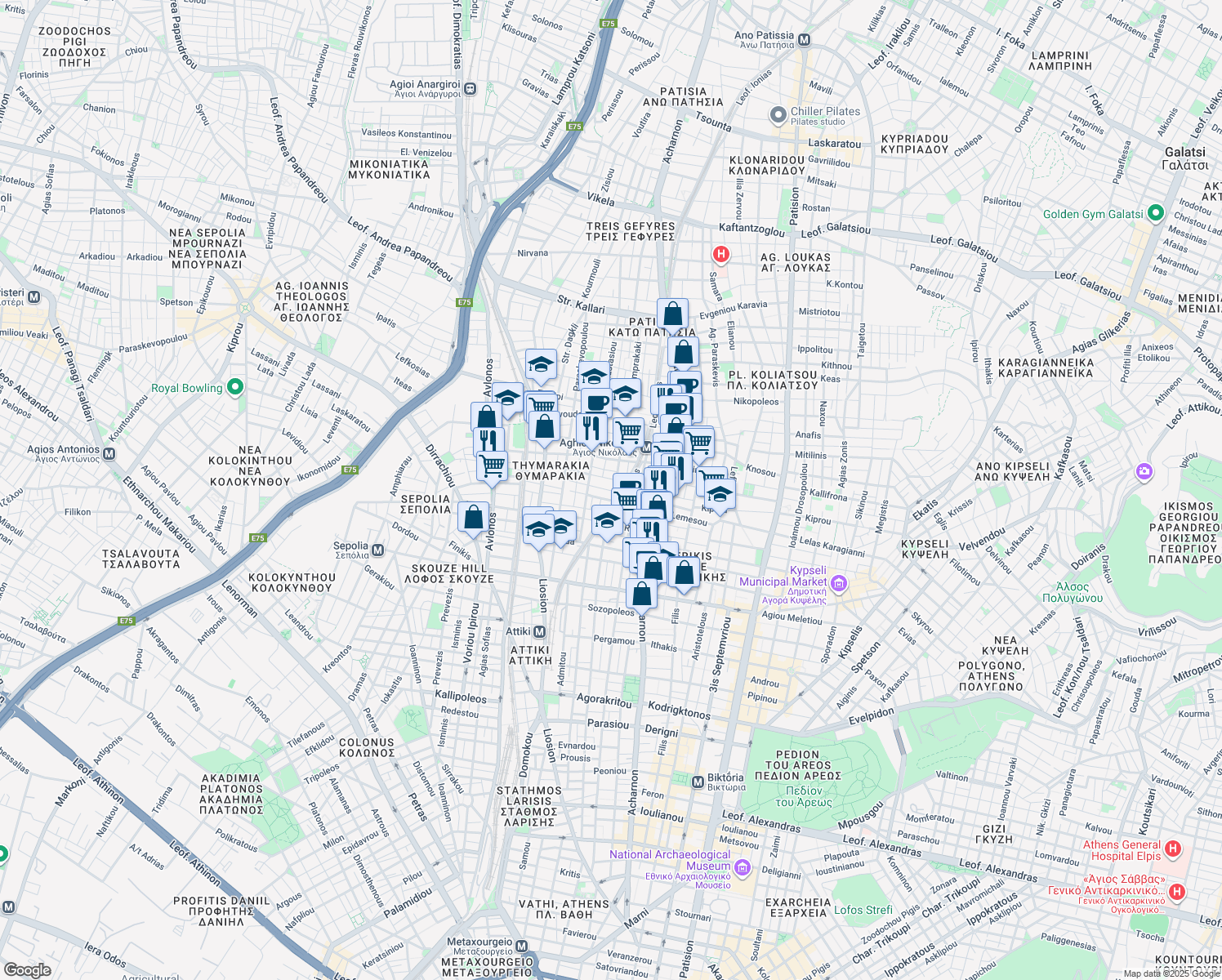map of restaurants, bars, coffee shops, grocery stores, and more near in Athina