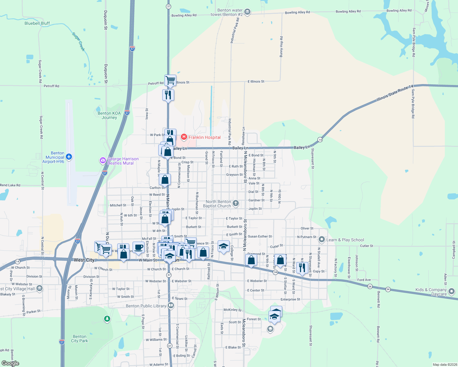map of restaurants, bars, coffee shops, grocery stores, and more near 799 Anna St in Benton