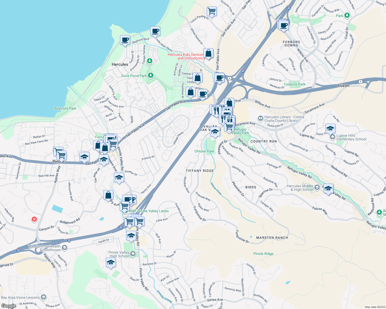 map of restaurants, bars, coffee shops, grocery stores, and more near 112 Garnet Court in Hercules