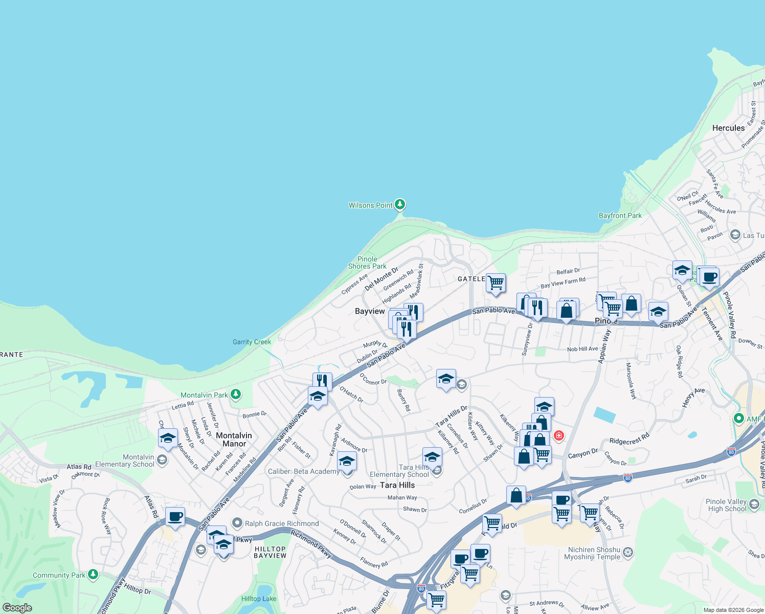 map of restaurants, bars, coffee shops, grocery stores, and more near 2228 Highlands Road in San Pablo