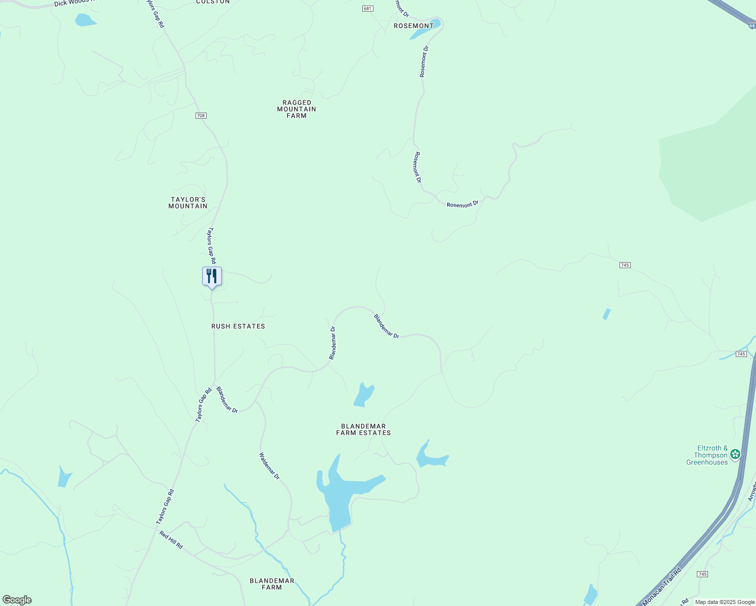 map of restaurants, bars, coffee shops, grocery stores, and more near 1529 White Eagle Lane in Charlottesville