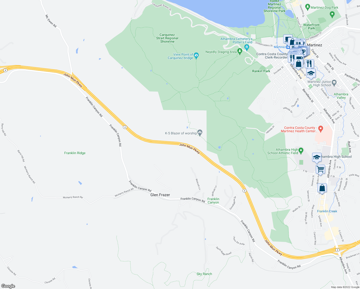 map of restaurants, bars, coffee shops, grocery stores, and more near Highway 4 in Martinez