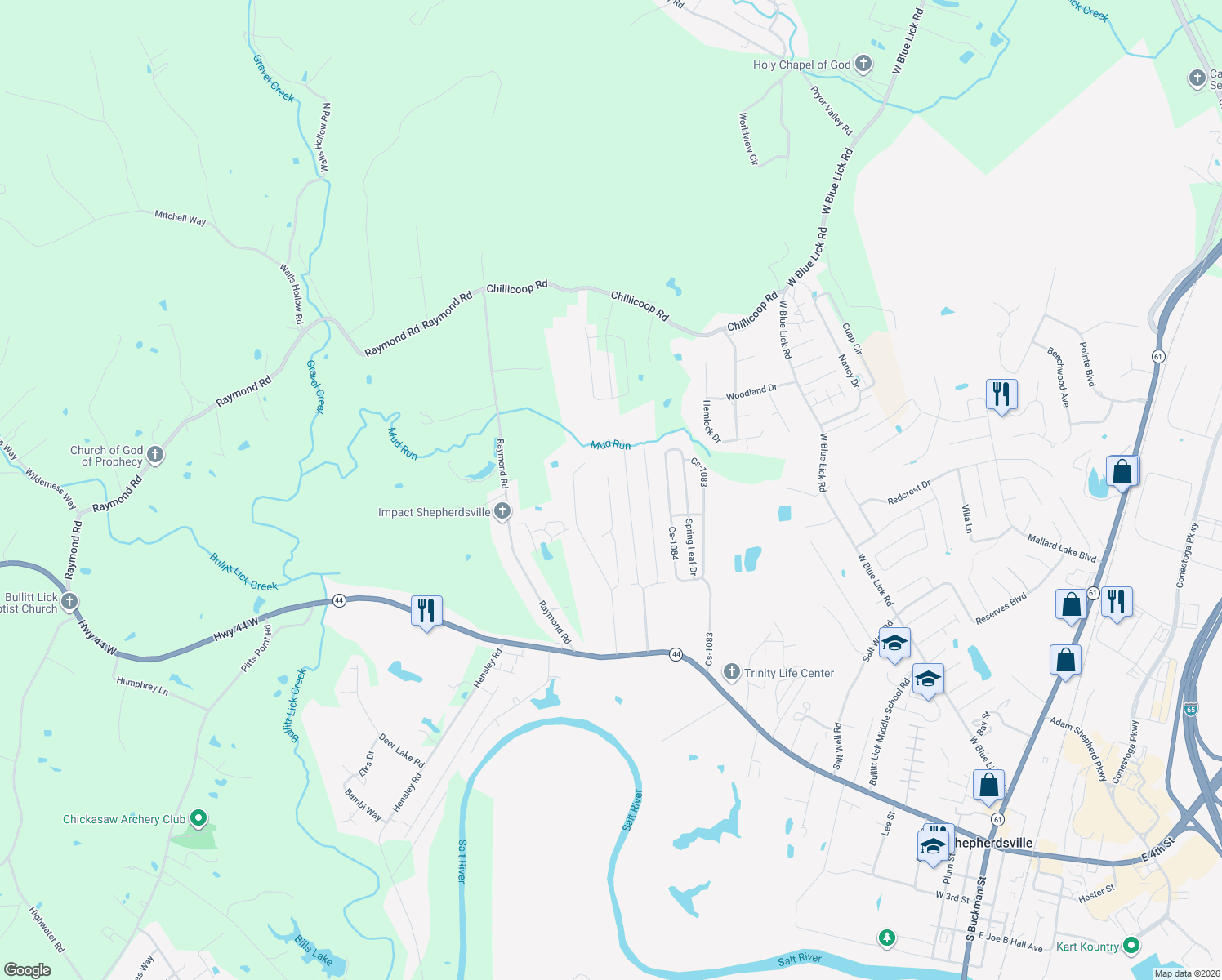 map of restaurants, bars, coffee shops, grocery stores, and more near 400 River Trce in Shepherdsville