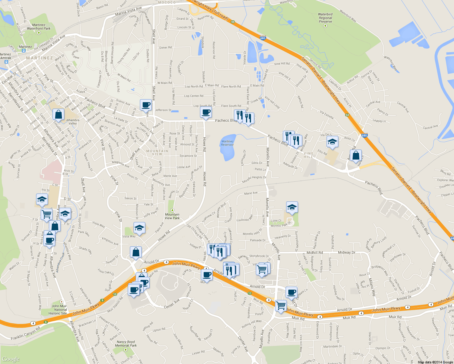 map of restaurants, bars, coffee shops, grocery stores, and more near 2581 Morello Heights Circle in Martinez