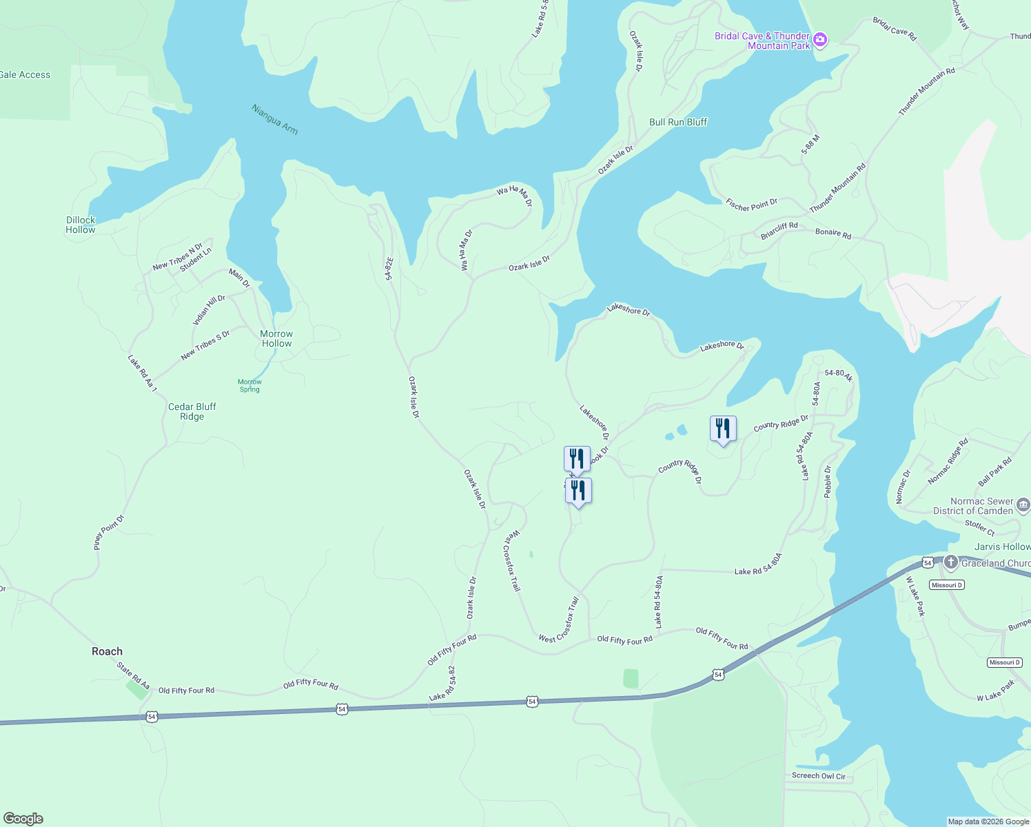 map of restaurants, bars, coffee shops, grocery stores, and more near 501-515 Fox Ridge Lane in Camdenton