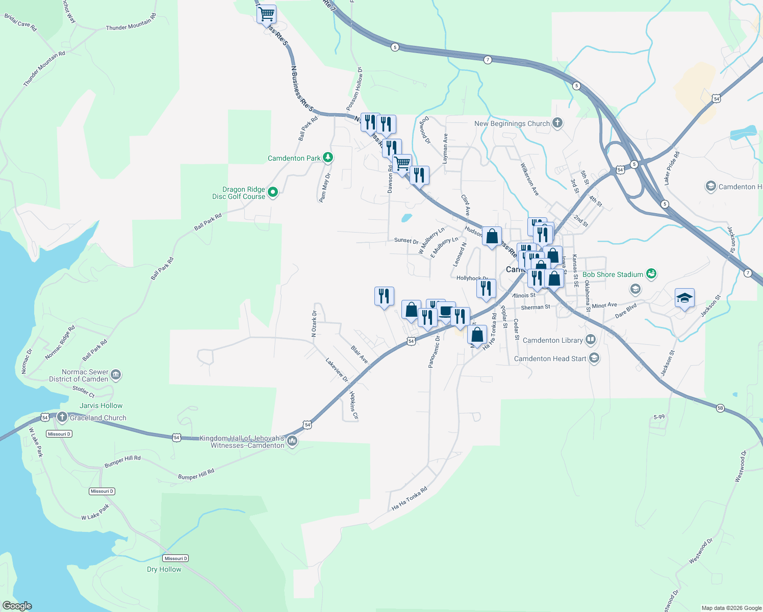 map of restaurants, bars, coffee shops, grocery stores, and more near 315 Lake Rd in Camdenton