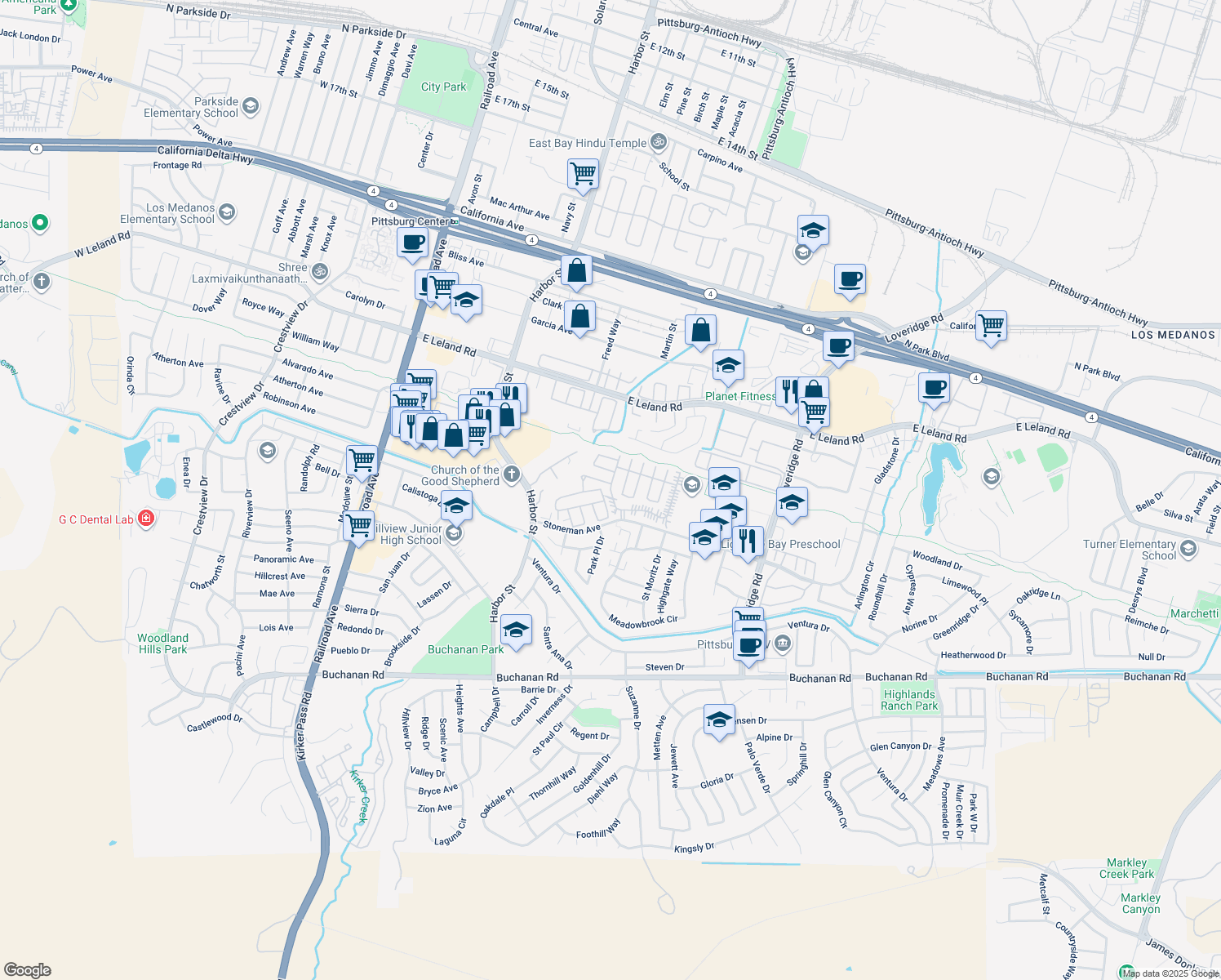 map of restaurants, bars, coffee shops, grocery stores, and more near 141 Maui Dr in Pittsburg