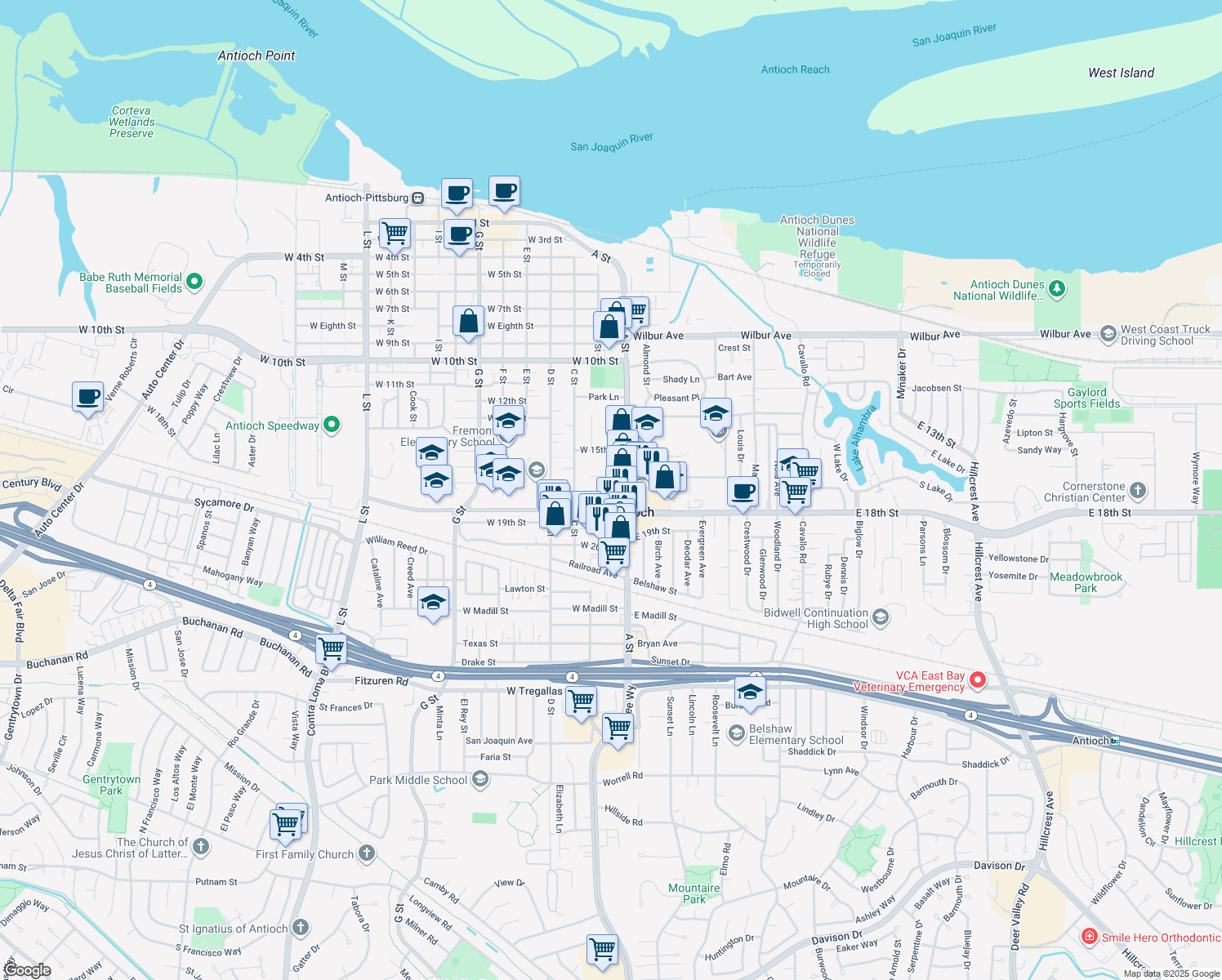 map of restaurants, bars, coffee shops, grocery stores, and more near 18 West 17th Street in Antioch