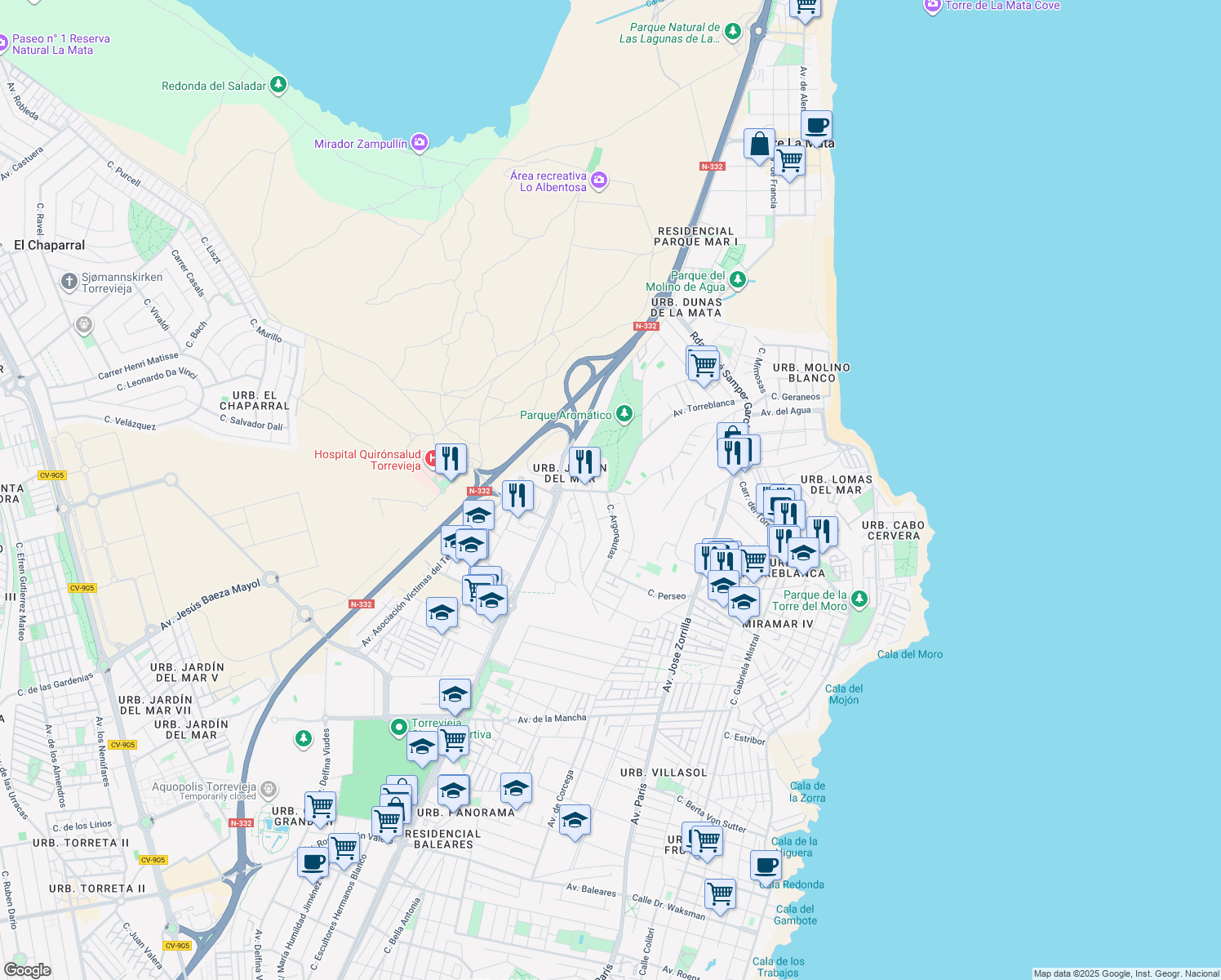 map of restaurants, bars, coffee shops, grocery stores, and more near 9 Calle Argonautas in Torrevieja