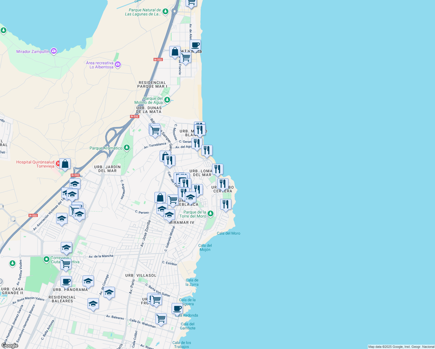 map of restaurants, bars, coffee shops, grocery stores, and more near 10A Lugar Urbanizacion los Leandros in Torrevieja