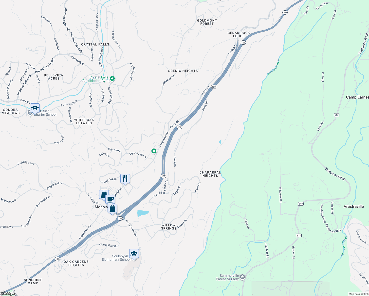 map of restaurants, bars, coffee shops, grocery stores, and more near 21145 Pokie Drive in Soulsbyville
