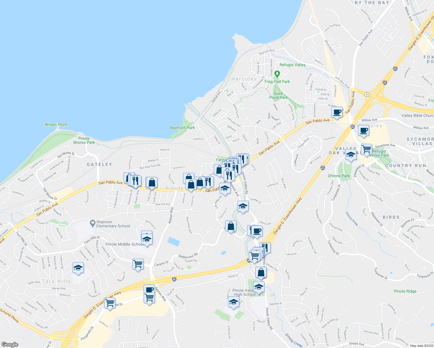map of restaurants, bars, coffee shops, grocery stores, and more near 610 Quinan Street in Pinole