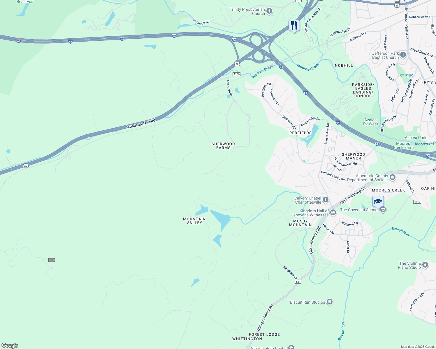 map of restaurants, bars, coffee shops, grocery stores, and more near Southside Drive in Charlottesville