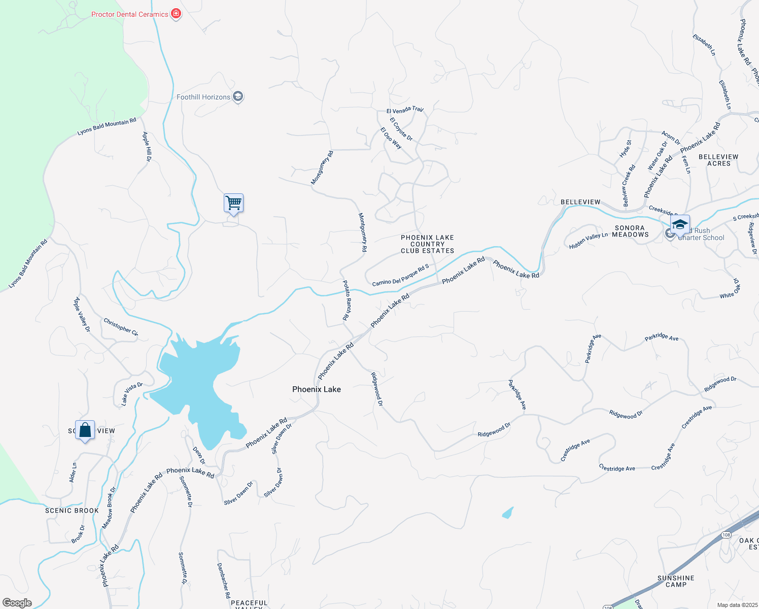 map of restaurants, bars, coffee shops, grocery stores, and more near 21120 Phoenix Lake Road in Sonora