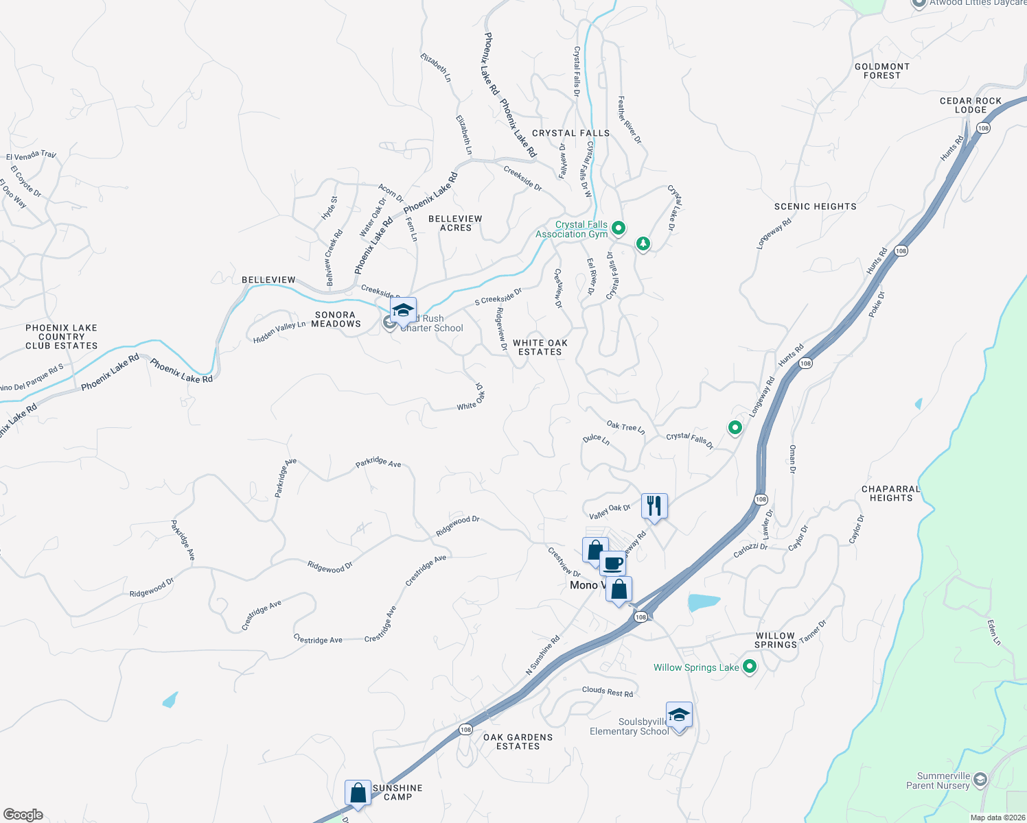map of restaurants, bars, coffee shops, grocery stores, and more near 21256 Ridgeview Drive in Sonora