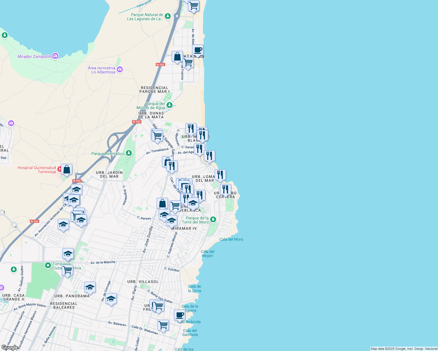 map of restaurants, bars, coffee shops, grocery stores, and more near 1F Calle Ávila in Torrevieja