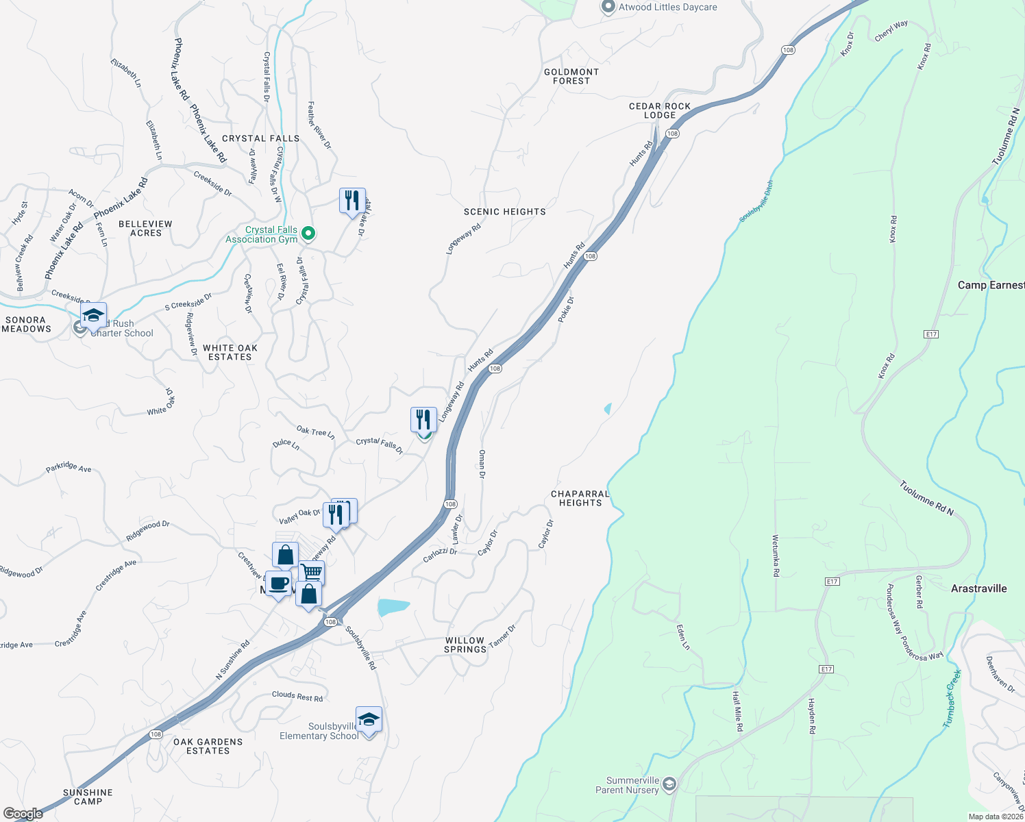 map of restaurants, bars, coffee shops, grocery stores, and more near 21239 Pokie Drive in Soulsbyville