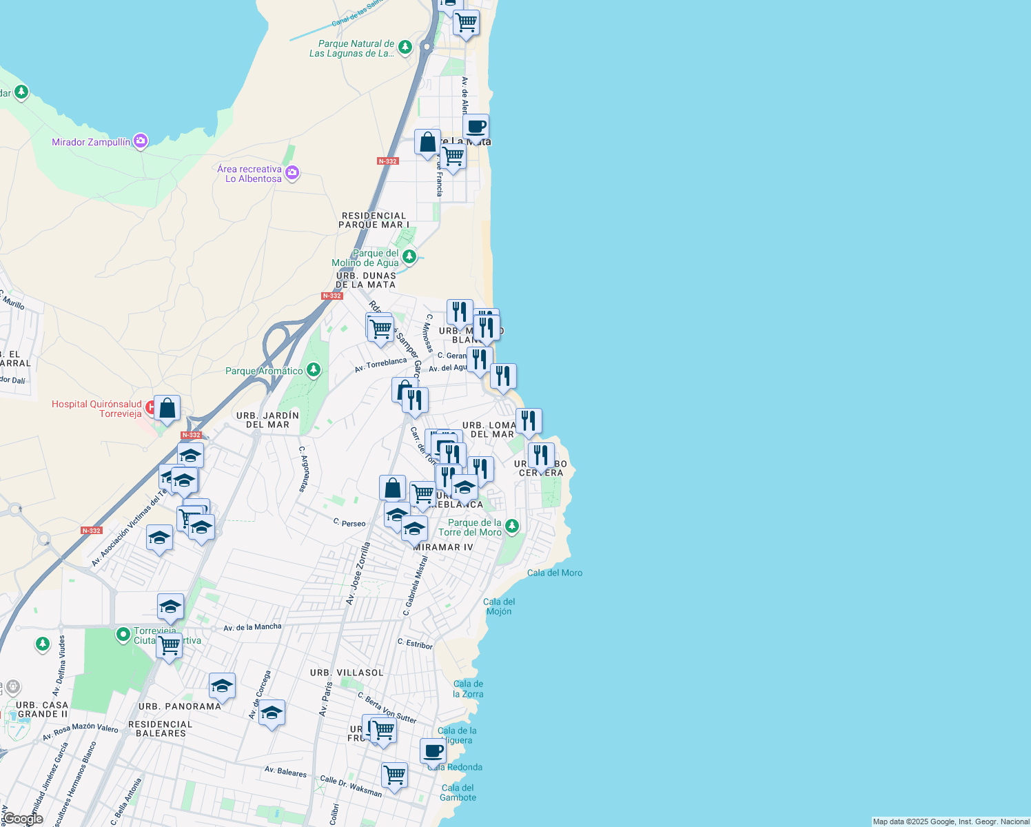 map of restaurants, bars, coffee shops, grocery stores, and more near 1F Calle Ávila in Torrevieja