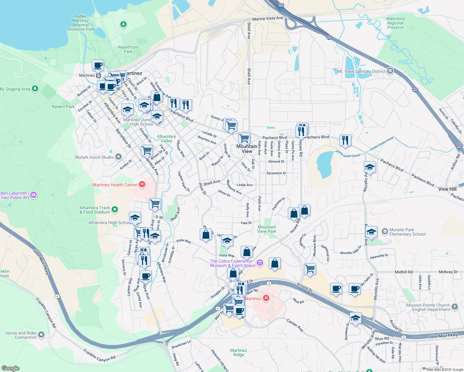 map of restaurants, bars, coffee shops, grocery stores, and more near 2381 Monterey Ave in Martinez