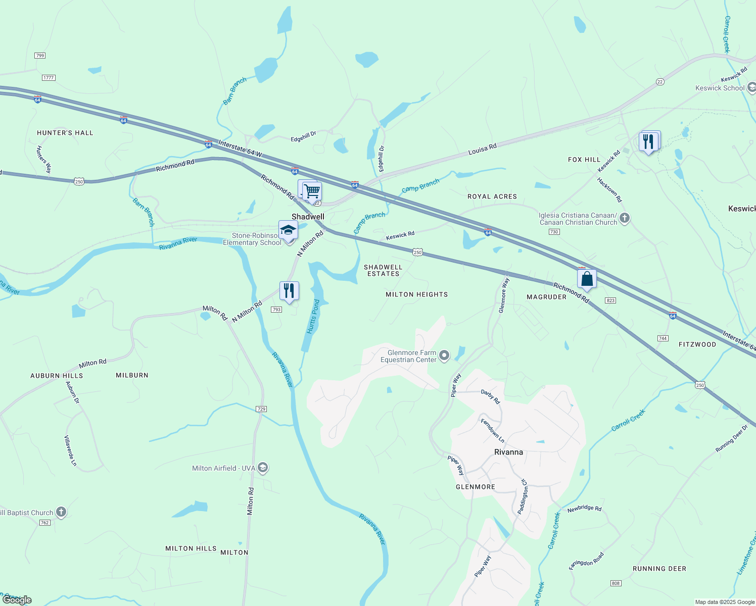 map of restaurants, bars, coffee shops, grocery stores, and more near 1020 Shadwell Road in Keswick