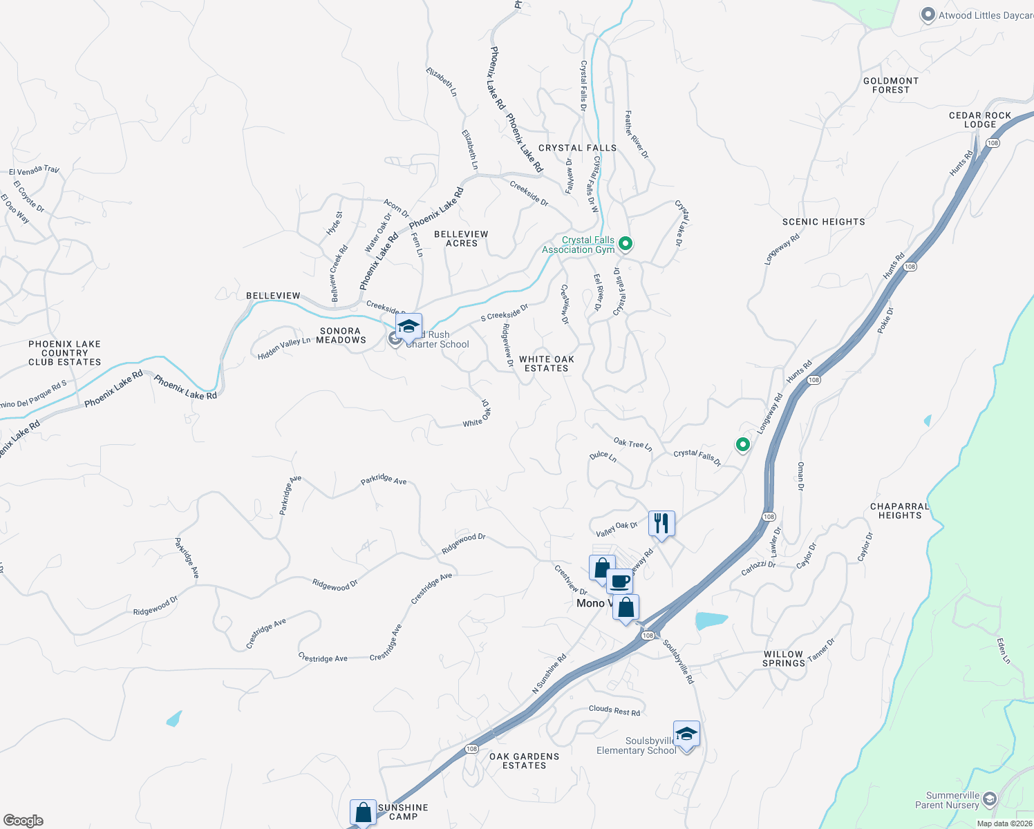 map of restaurants, bars, coffee shops, grocery stores, and more near 21201 Fernwood Court in Sonora