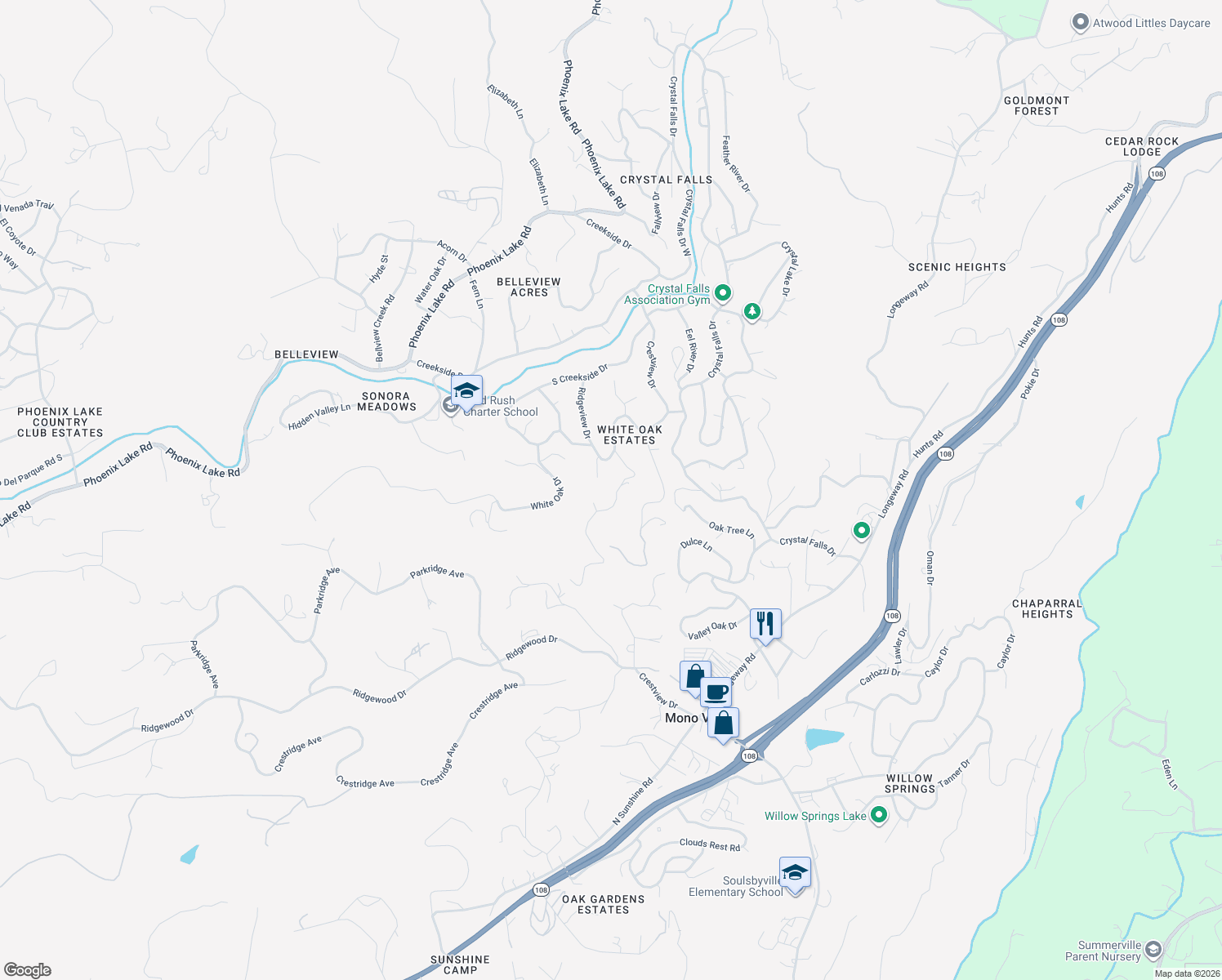 map of restaurants, bars, coffee shops, grocery stores, and more near 21256-21264 Ridgeview Drive in Sonora