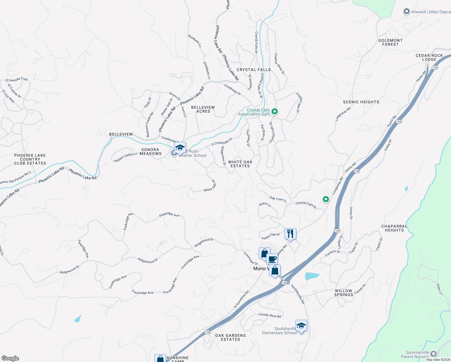 map of restaurants, bars, coffee shops, grocery stores, and more near 21201 Fernwood Ct in Sonora